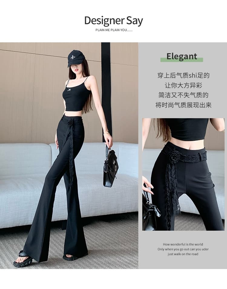 실사 디자인 센스 장미 레이스 프릴 술 하이웨이스트 슬림해 보이는 타이트 나팔 바지 패션 캐주얼 긴 바지 상세 이미지 2