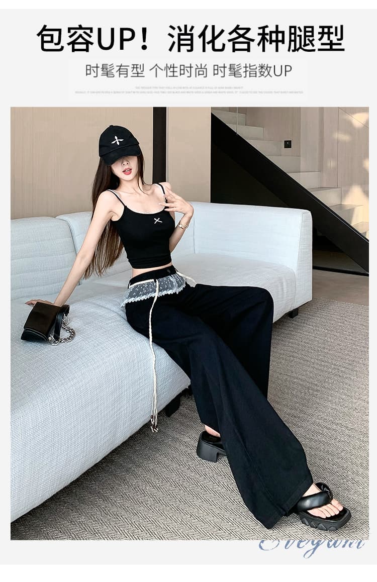실사 가을 겨울철 디자인 센스 레이스 조각 검정색 넓은 다리 캐주얼 바지 여성 아메리칸 하이웨이스트 루즈핏 스트레이트 바지 상세 이미지 4