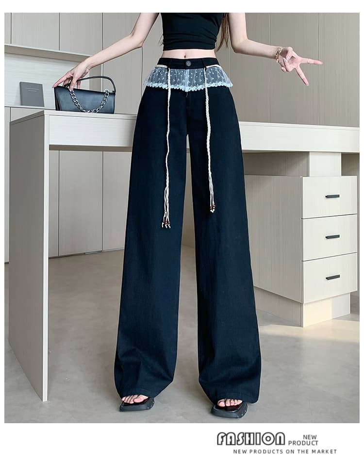 실사 가을 겨울철 디자인 센스 레이스 조각 검정색 넓은 다리 캐주얼 바지 여성 아메리칸 하이웨이스트 루즈핏 스트레이트 바지 상세 이미지 17