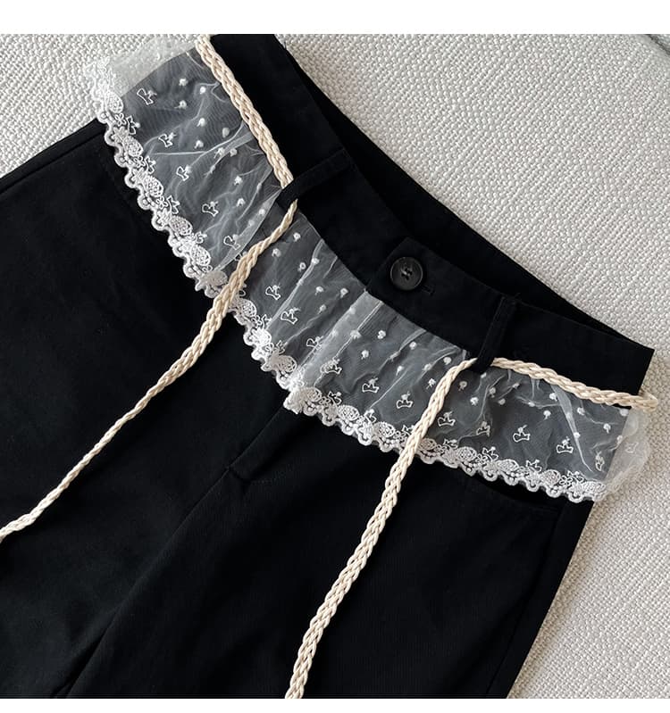 실사 가을 겨울철 디자인 센스 레이스 조각 검정색 넓은 다리 캐주얼 바지 여성 아메리칸 하이웨이스트 루즈핏 스트레이트 바지 상세 이미지 24