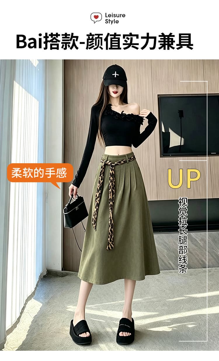 레트로 브라운 스웨이드 원단 반신 스커트 레오파드 무늬 벨트 가을 겨울철 새로운 하이웨이스트 한 마디 플리츠 중간 길이 치마 상세 이미지 4