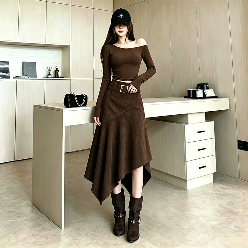 아메리칸 레트로 커피 색상 사슴 캐시미어 반신 스커트 여성 가을 디자인 센스 하이웨이스트 불규칙 한 마디 품격 중간 길이 스커트 이미지 4