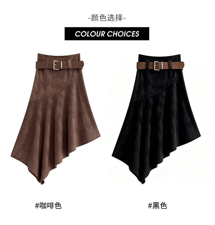 아메리칸 레트로 커피 색상 사슴 캐시미어 반신 스커트 여성 가을 디자인 센스 하이웨이스트 불규칙 한 마디 품격 중간 길이 스커트 상세 이미지 12