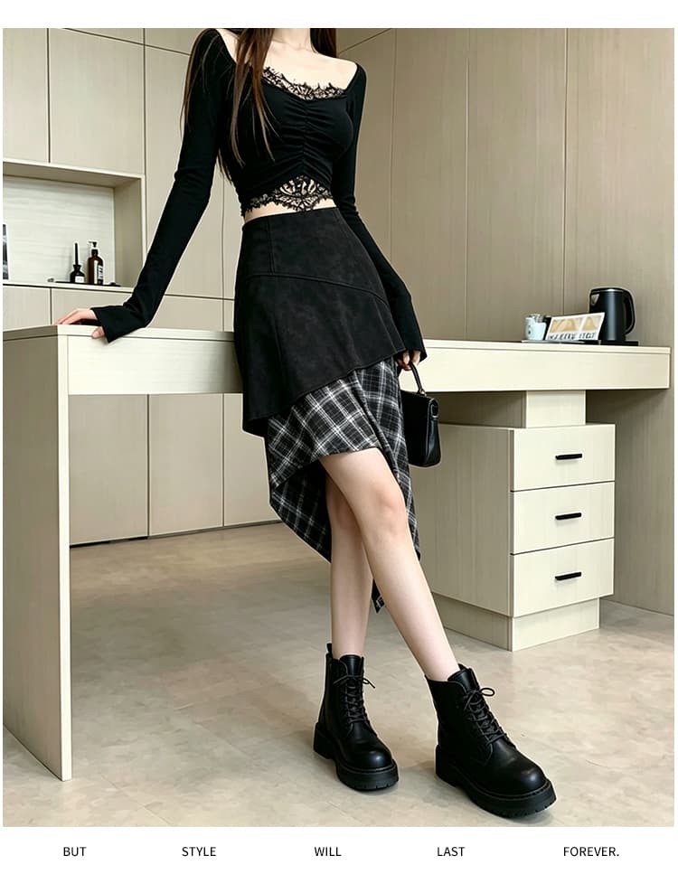디자인 센스 체크무늬 불규칙 몸매 가꾸기 품격 반신 스커트 여성 새로운 하이웨이스트 핫걸 슬림해 보이는 한 마디 미니 스커트 상세 이미지 31