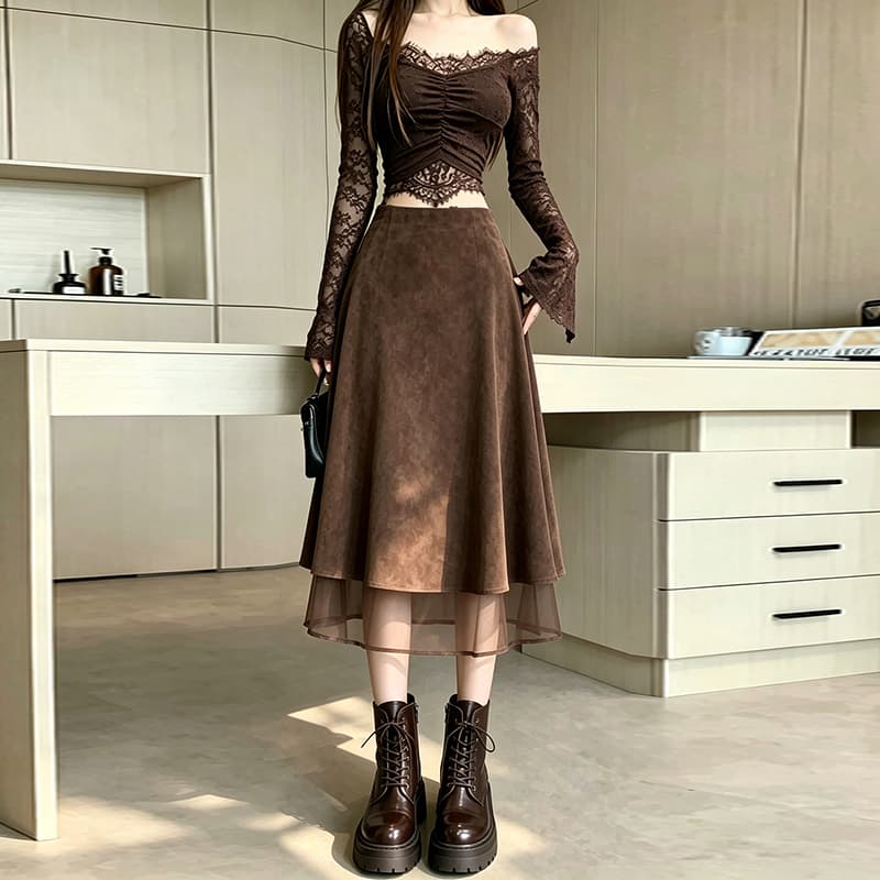 새로운 프랑스식 레트로 가을 스웨이드 원단 반신 스커트 패치워크 불규칙 A라인 스커트 하이웨이스트 다용도 패치워크 롱 스커트 이미지 3