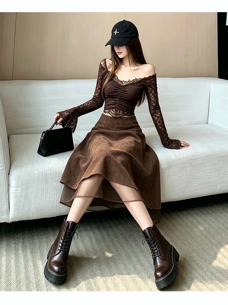 새로운 프랑스식 레트로 가을 스웨이드 원단 반신 스커트 패치워크 불규칙 A라인 스커트 하이웨이스트 다용도 패치워크 롱 스커트 상세 이미지 16