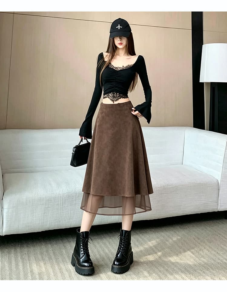 새로운 프랑스식 레트로 가을 스웨이드 원단 반신 스커트 패치워크 불규칙 A라인 스커트 하이웨이스트 다용도 패치워크 롱 스커트 상세 이미지 23