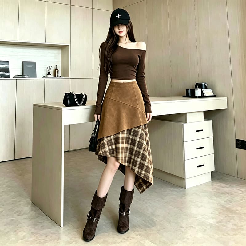 한국 스타일 스택 착용 캐주얼 패션 프랑스식 패치워크 절묘한 디스플레이 높음 슬림해 보이는 가을 겨울철 새로운 비대칭 하이웨이스트 반신 스커트 이미지 4