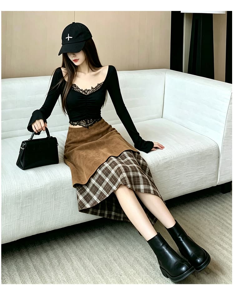 한국 스타일 스택 착용 캐주얼 패션 프랑스식 패치워크 절묘한 디스플레이 높음 슬림해 보이는 가을 겨울철 새로운 비대칭 하이웨이스트 반신 스커트 상세 이미지 20