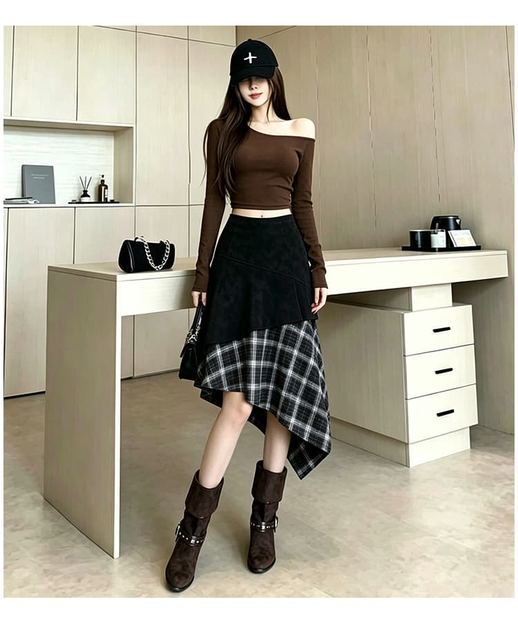 한국 스타일 스택 착용 캐주얼 패션 프랑스식 패치워크 절묘한 디스플레이 높음 슬림해 보이는 가을 겨울철 새로운 비대칭 하이웨이스트 반신 스커트 상세 이미지 34