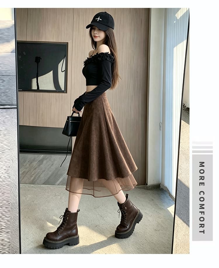 한 부서 레트로 스택 층 망사 싸움 스웨이드 원단 치마 가을 겨울 새로운 페이크 레이어드 하이웨이스트 슬림해 보이는 타이트 스커트 5 점 중간 스커트 상세 이미지 15