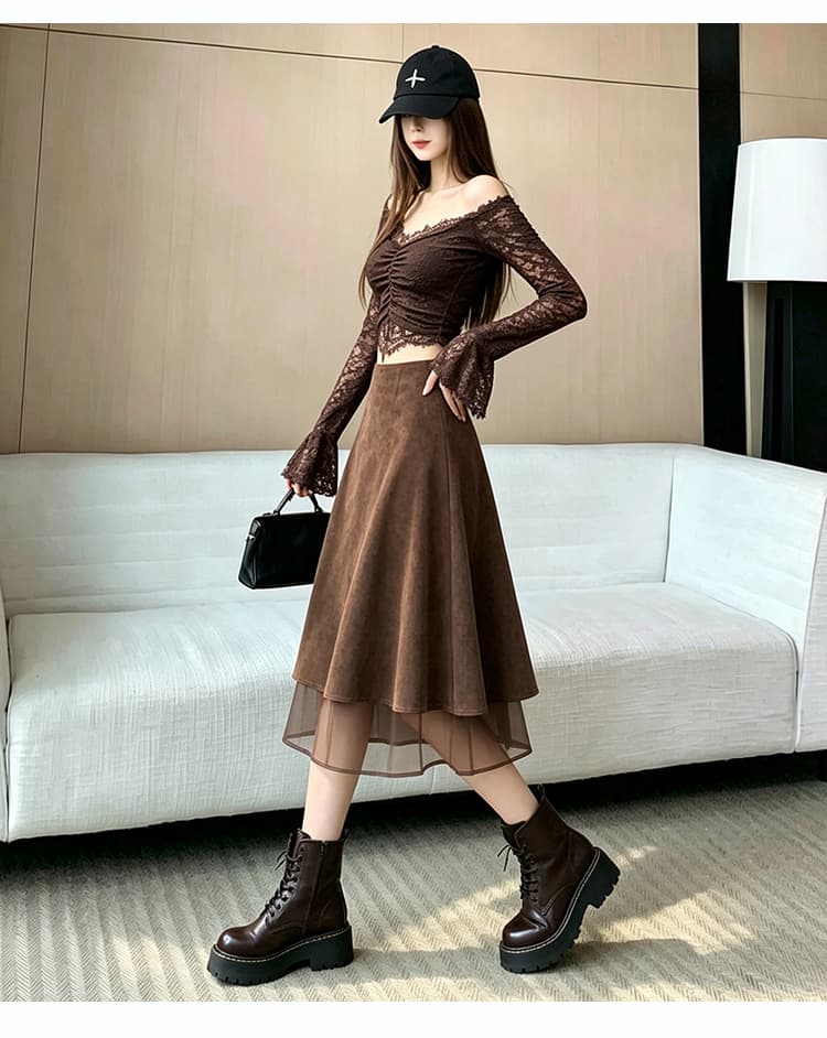 한 부서 레트로 스택 층 망사 싸움 스웨이드 원단 치마 가을 겨울 새로운 페이크 레이어드 하이웨이스트 슬림해 보이는 타이트 스커트 5 점 중간 스커트 상세 이미지 24