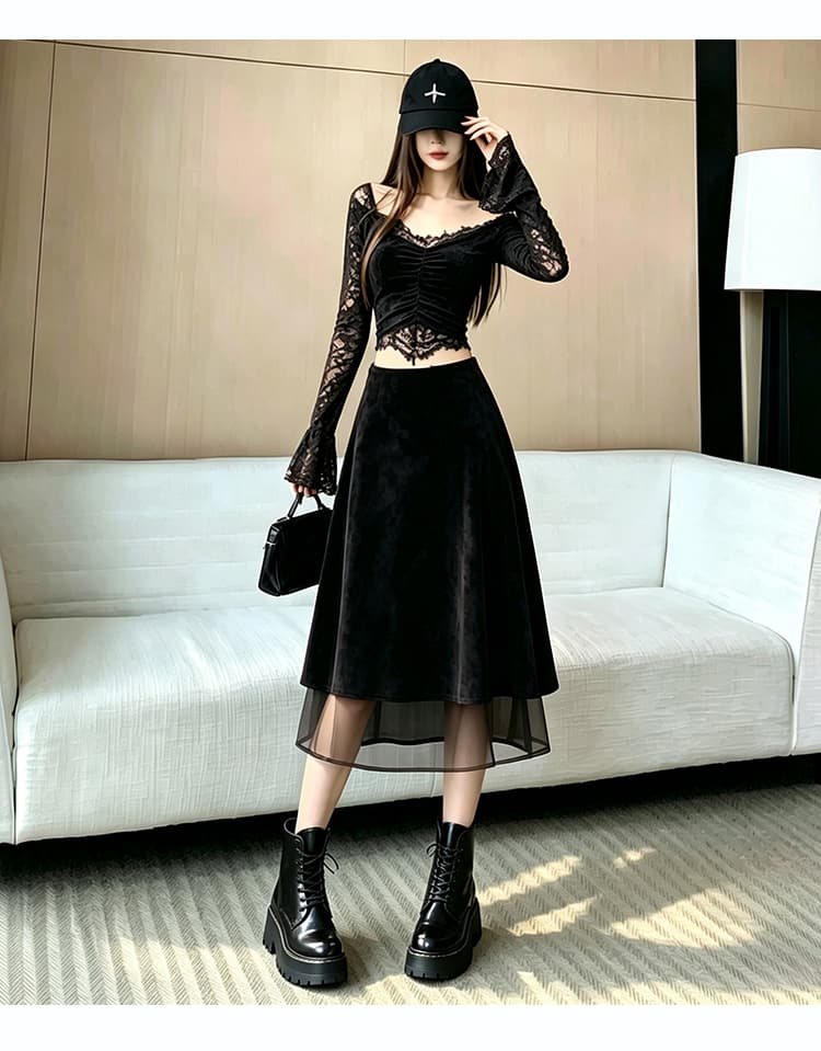 한 부서 레트로 스택 층 망사 싸움 스웨이드 원단 치마 가을 겨울 새로운 페이크 레이어드 하이웨이스트 슬림해 보이는 타이트 스커트 5 점 중간 스커트 상세 이미지 29
