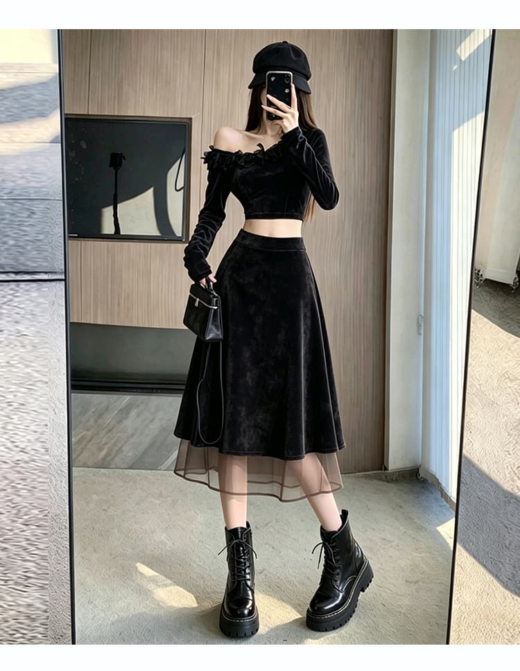 한 부서 레트로 스택 층 망사 싸움 스웨이드 원단 치마 가을 겨울 새로운 페이크 레이어드 하이웨이스트 슬림해 보이는 타이트 스커트 5 점 중간 스커트 상세 이미지 32