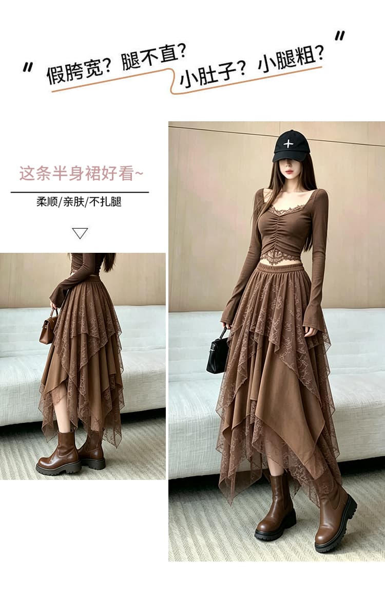 디자인 센스 불규칙 레이스 조각 스웨이드 원단 반신 스커트 여성 가을 겨울철 착용 가져 가라. 하이웨이스트 슬림해 보이는 중간 길이 치마 상세 이미지 5