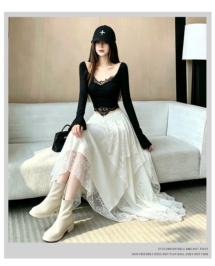 디자인 센스 불규칙 레이스 조각 스웨이드 원단 반신 스커트 여성 가을 겨울철 착용 가져 가라. 하이웨이스트 슬림해 보이는 중간 길이 치마 상세 이미지 30