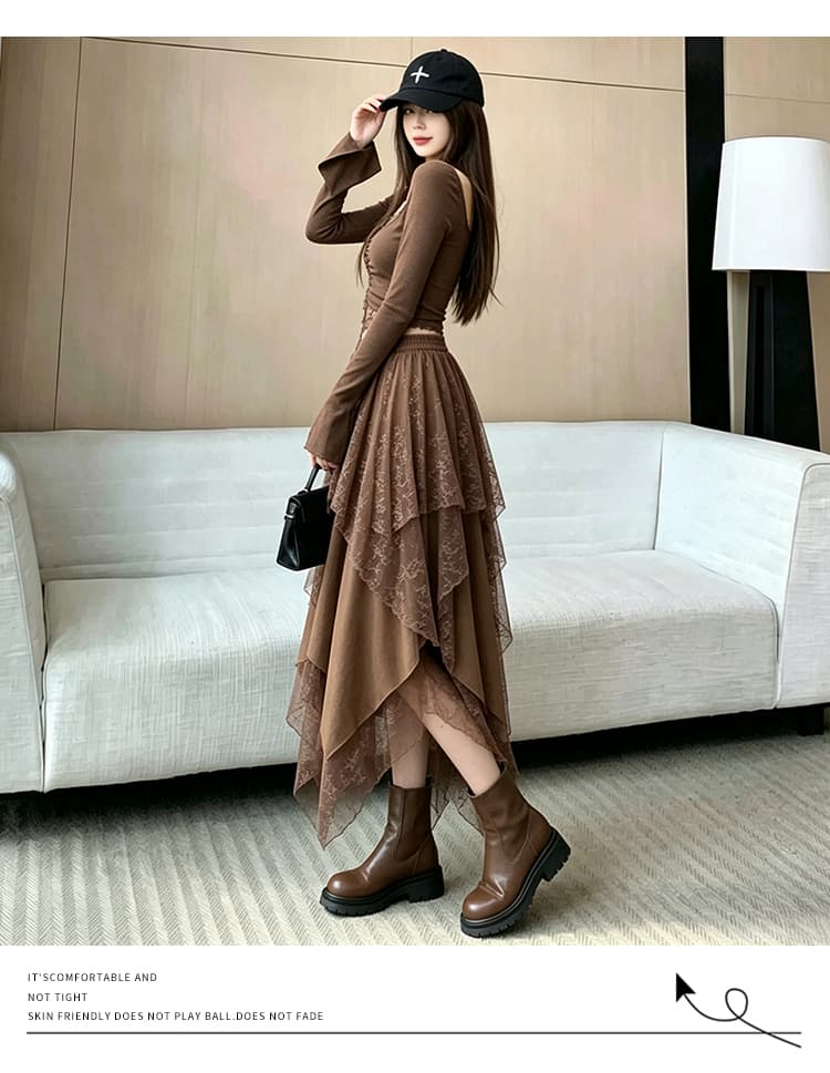 휴가 디자인 센스 불규칙 레이스 조각 스웨이드 원단 반신 스커트 가을 겨울 착용 가져 가라. 하이웨이스트 슬림해 보이는 중간 길이 치마 상세 이미지 14