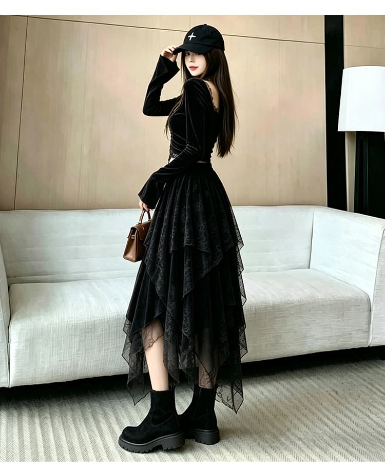 휴가 디자인 센스 불규칙 레이스 조각 스웨이드 원단 반신 스커트 가을 겨울 착용 가져 가라. 하이웨이스트 슬림해 보이는 중간 길이 치마 상세 이미지 39