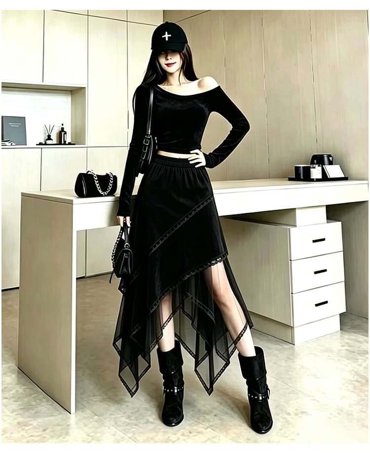2026 가을 불규칙 스웨이드 원단 레이스 반신 스커트 여성 망사 패치워크 표지 고기 슬림해 보이는 허리밴드 빅 플레어 스커트 상세 이미지 26
