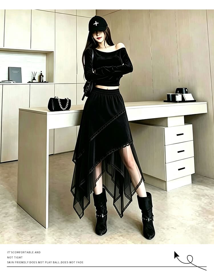 2026 가을 불규칙 스웨이드 원단 레이스 반신 스커트 여성 망사 패치워크 표지 고기 슬림해 보이는 허리밴드 빅 플레어 스커트 상세 이미지 27