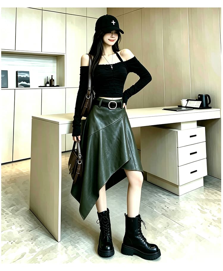 가을 겨울 새로운 중간 길이 PU 가죽 반신 스커트 치마 여성 불규칙 치마 캐주얼 패션 몸매 가꾸기 슬림해 보이는 길다 치마 상세 이미지 23