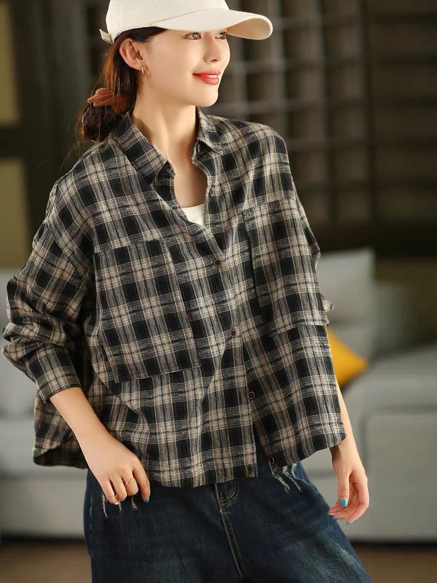 가을 면 린넨 체크무늬 셔츠 문예 폴로 칼라 긴팔 체크무늬 셔츠 재킷 오픈 가디건 이미지 2