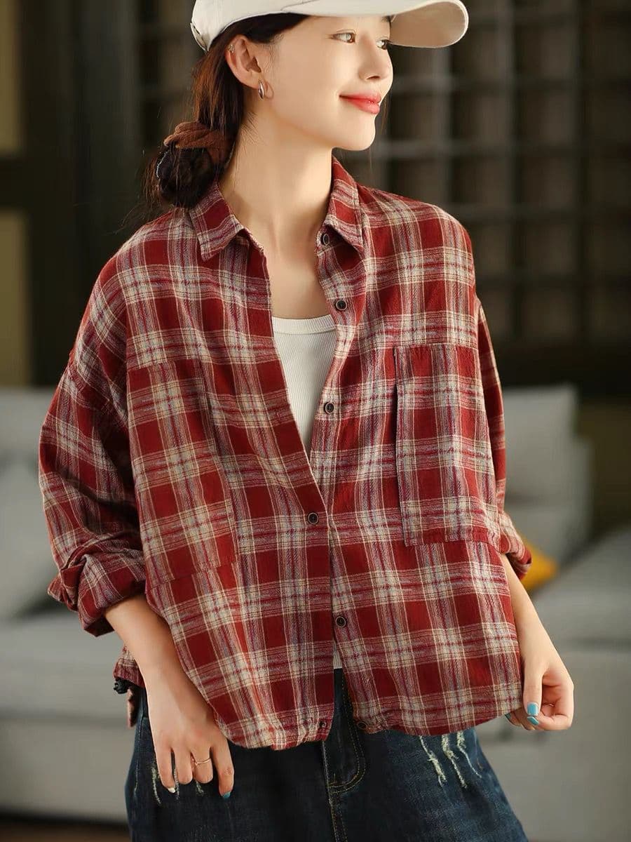 가을 면 린넨 체크무늬 셔츠 문예 폴로 칼라 긴팔 체크무늬 셔츠 재킷 오픈 가디건 상세 이미지 7