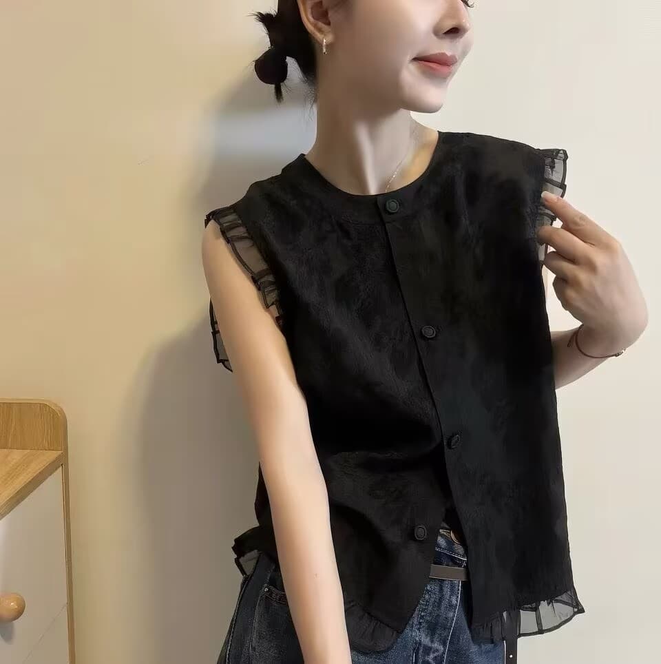 프릴 라운드 넥 민소매 여성 셔츠 26 새로운 여름 얇은 스타일 루즈핏 통기성 검정색 조끼 맨위