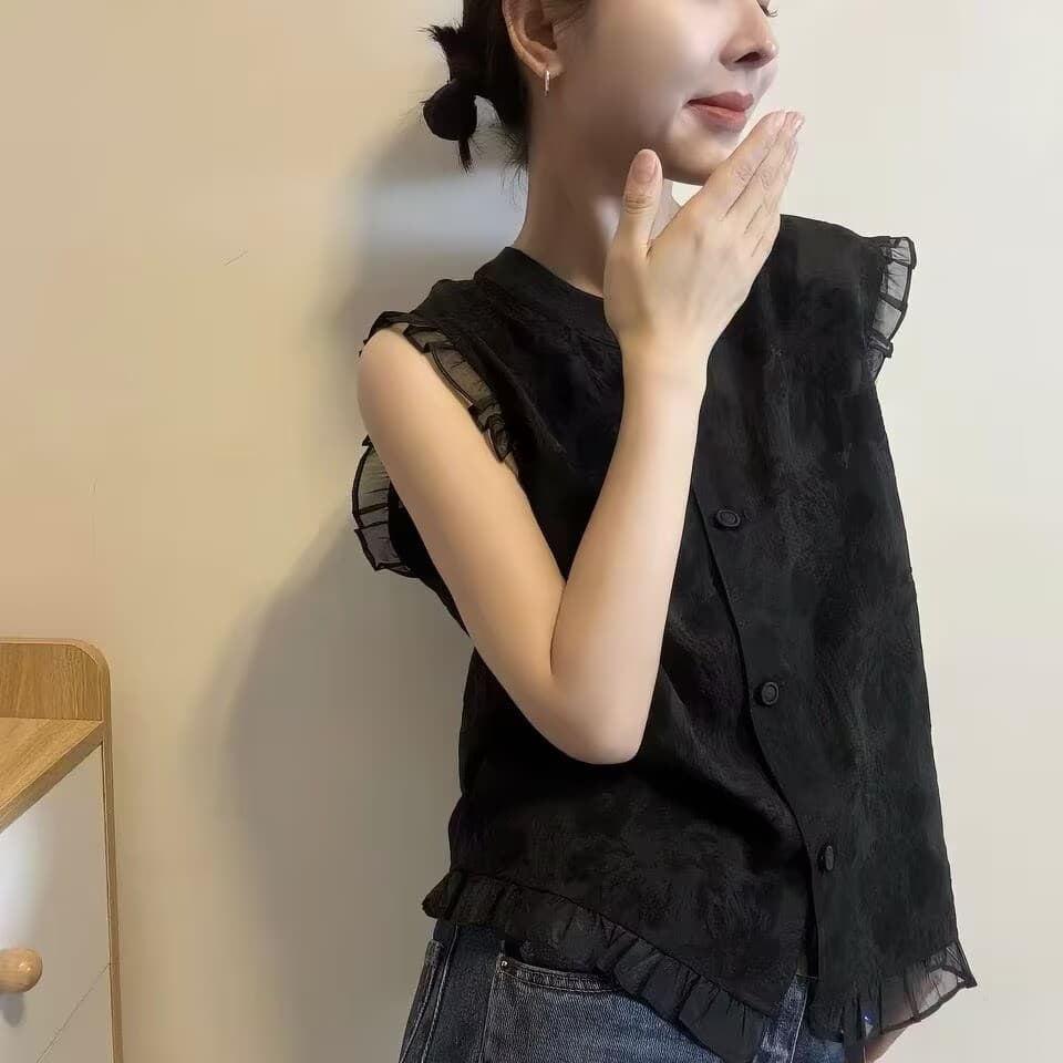 프릴 라운드 넥 민소매 여성 셔츠 26 새로운 여름 얇은 스타일 루즈핏 통기성 검정색 조끼 맨위 이미지 5