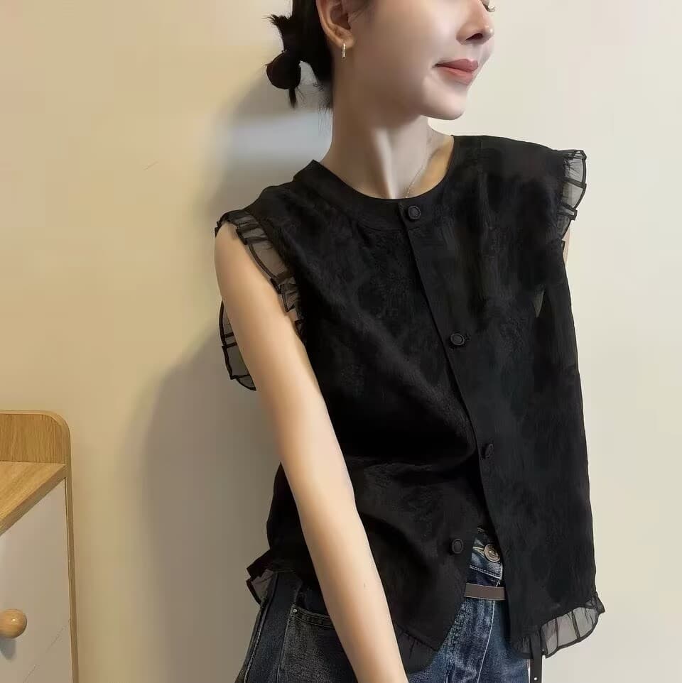 프릴 라운드 넥 민소매 여성 셔츠 26 새로운 여름 얇은 스타일 루즈핏 통기성 검정색 조끼 맨위 상세 이미지 4