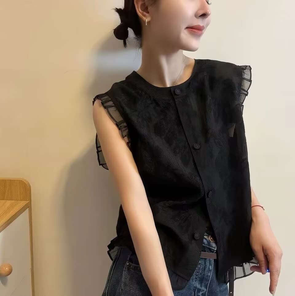 프릴 라운드 넥 민소매 여성 셔츠 26 새로운 여름 얇은 스타일 루즈핏 통기성 검정색 조끼 맨위 상세 이미지 5