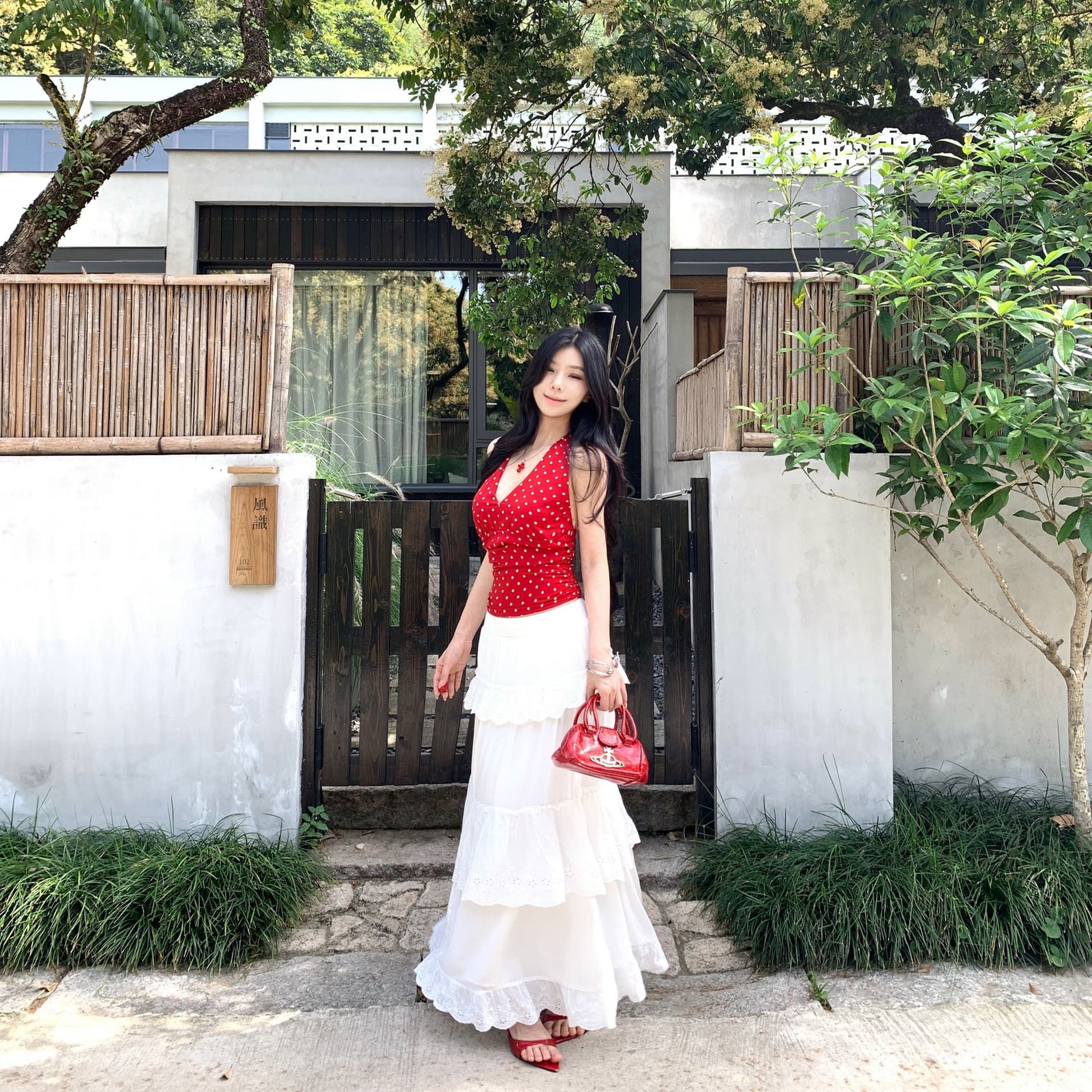 실사 정가 빨간색 도트 무늬 행침 목 조끼 맨위 화이트 다용도 레이스 레이스 한 마디 롱 코트 케이크 드레스 이미지 5
