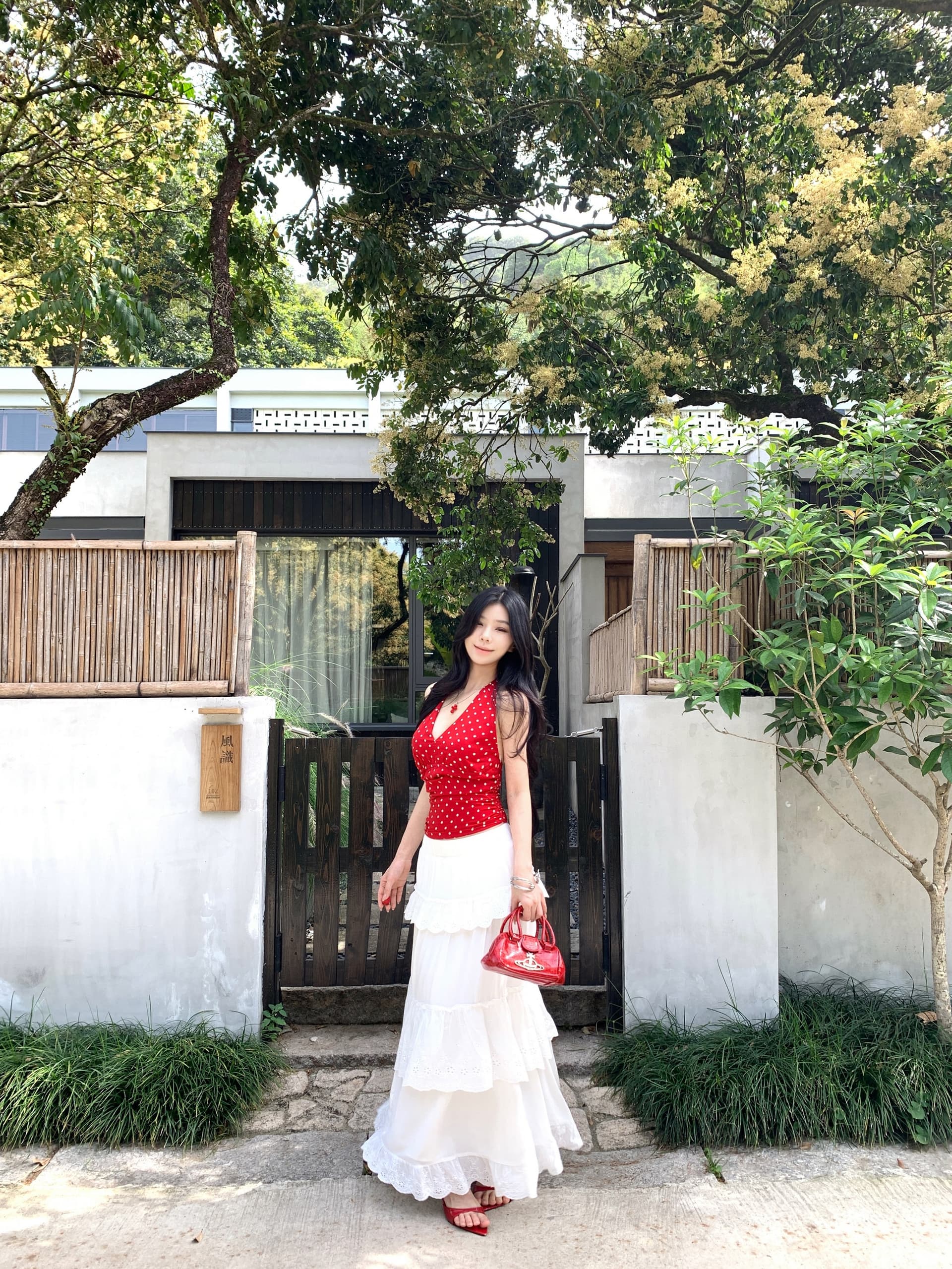 실사 정가 빨간색 도트 무늬 행침 목 조끼 맨위 화이트 다용도 레이스 레이스 한 마디 롱 코트 케이크 드레스 상세 이미지 4