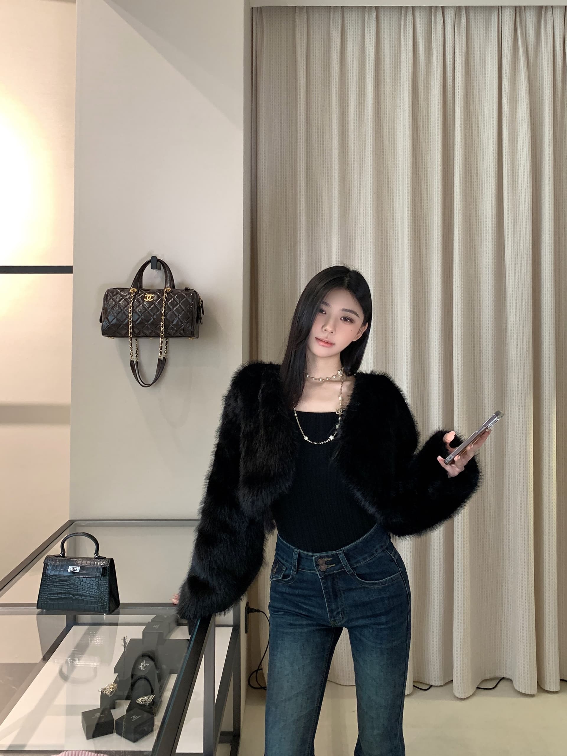 실사 정가 광장 칼라 슬림해 보이는 만나는 니트 스웨터 다용도 하이웨이스트 슬림해 보이는 마이크로 나팔 청바지 상세 이미지 4