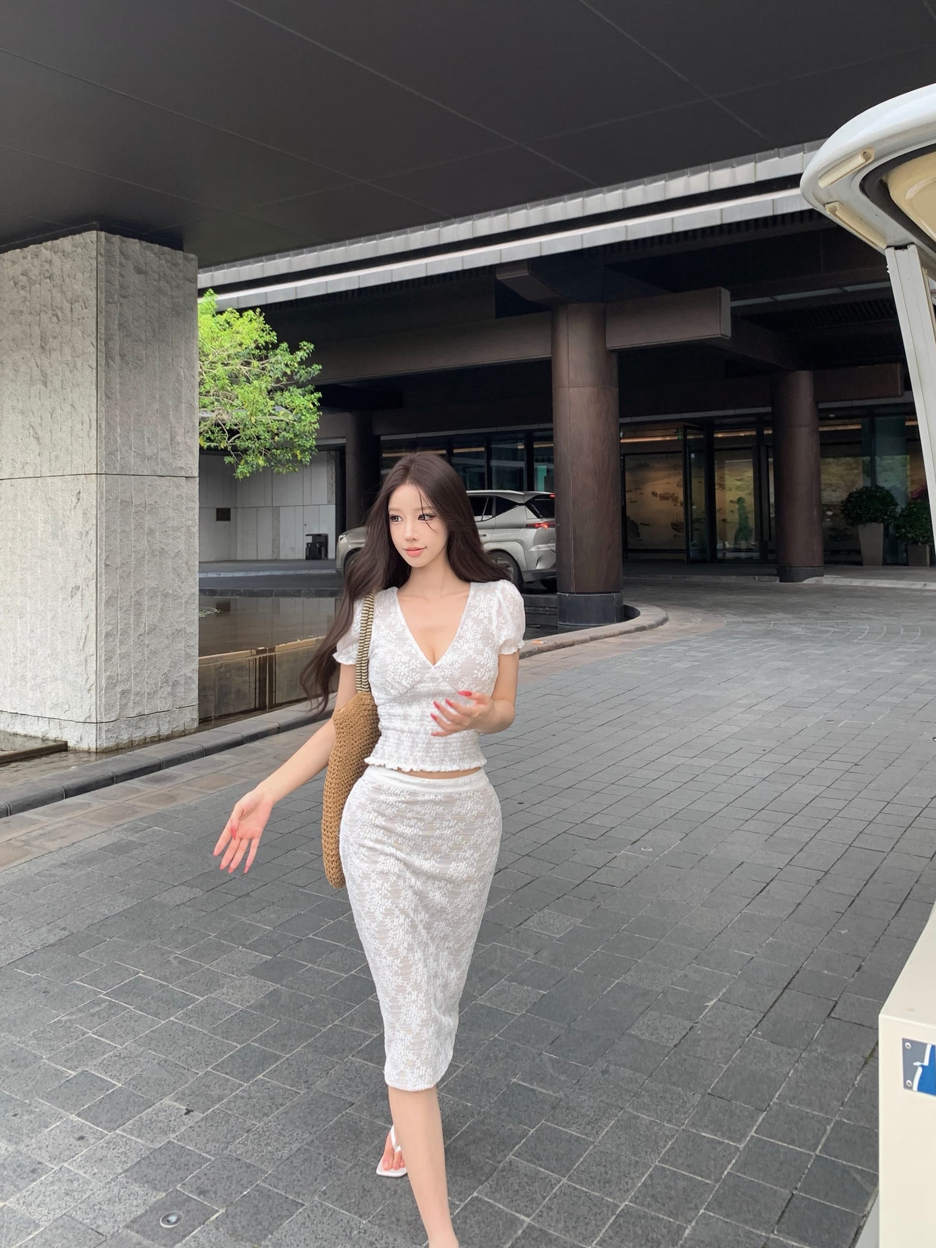 실사 정가 V넥 레이스 새로운 레이스 거품 소매 맨위 패션 타이트 스커트 반신 치마 세트 상세 이미지 7