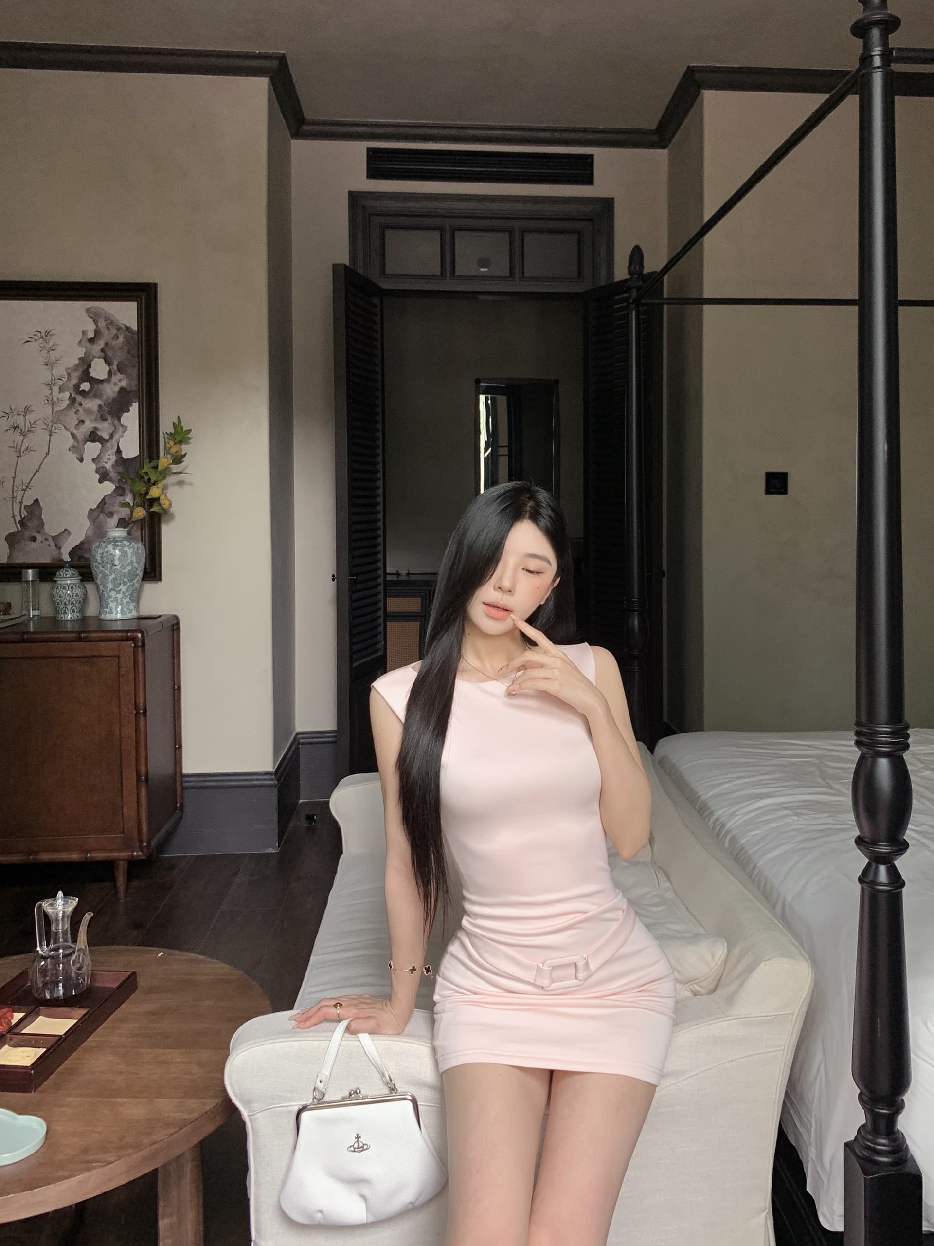 실사 정가 핑크색 섹시함 핫걸 오프숄더 광장 버클 벨트 허리 수축 타이트 스커트 드레스 상세 이미지 7