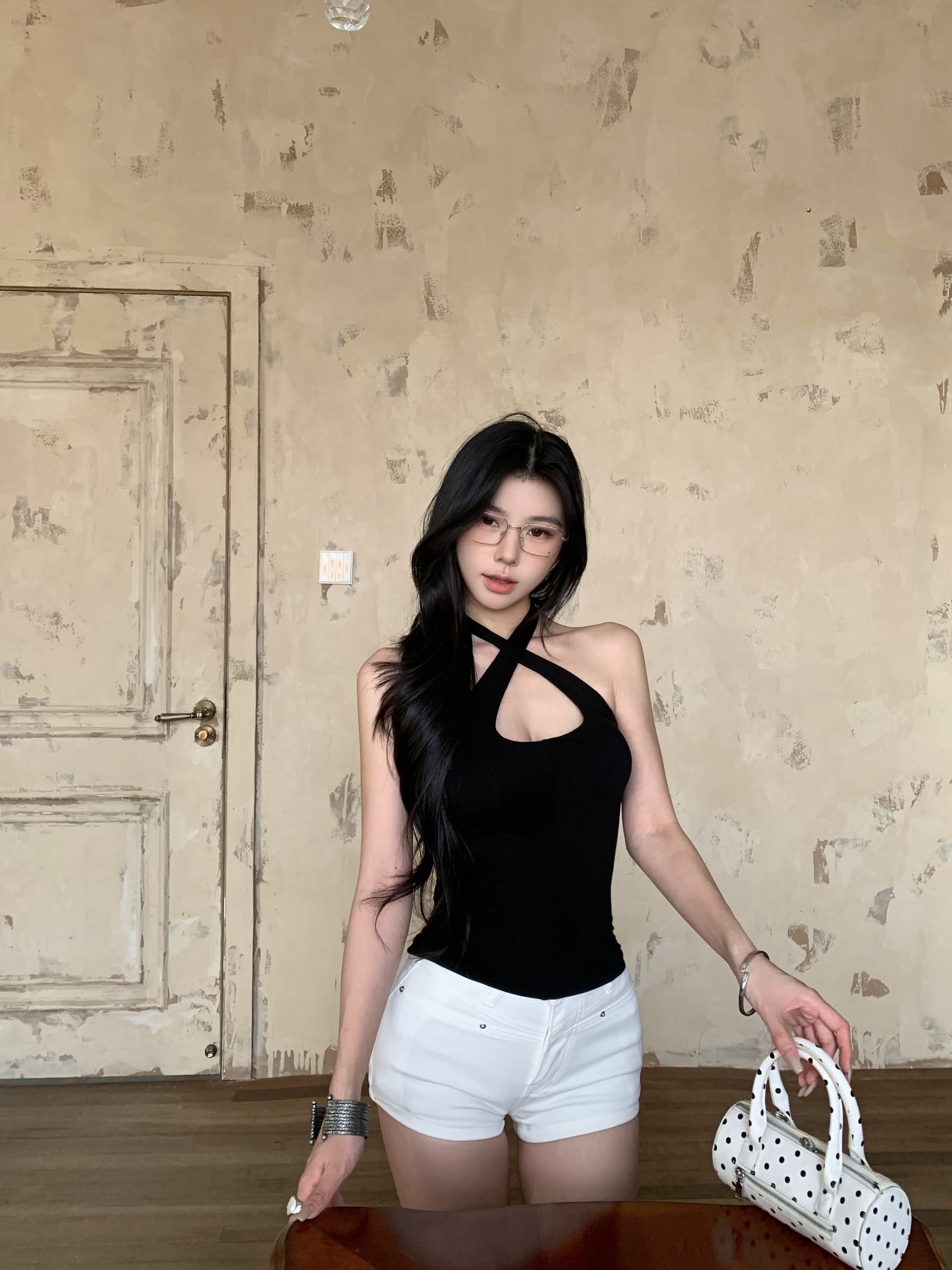 실사 정가 여름 디자인 센스 기타 착용 몸매 가꾸기 행침 목 슬립 맨위 나만의 것을 가져와 라. 펭 십자가 하이웨이스트 데님 핫 바지 상세 이미지 2
