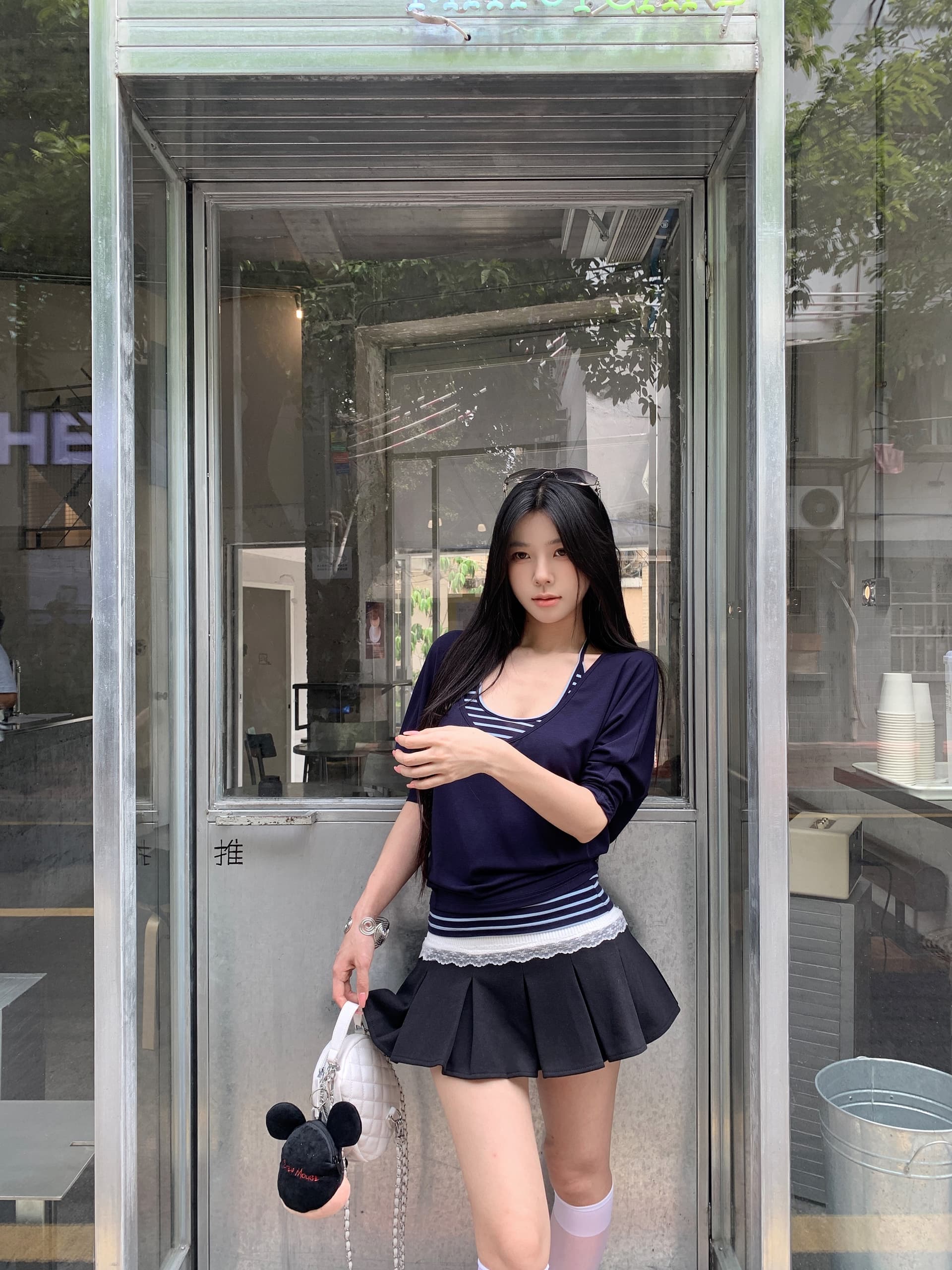 실사 정가 해군 루즈핏 V넥 블라우스 u 칼라 몸매 가꾸기 슬립 사실 두 조각 레이스 조각 반신 스커트 상세 이미지 6