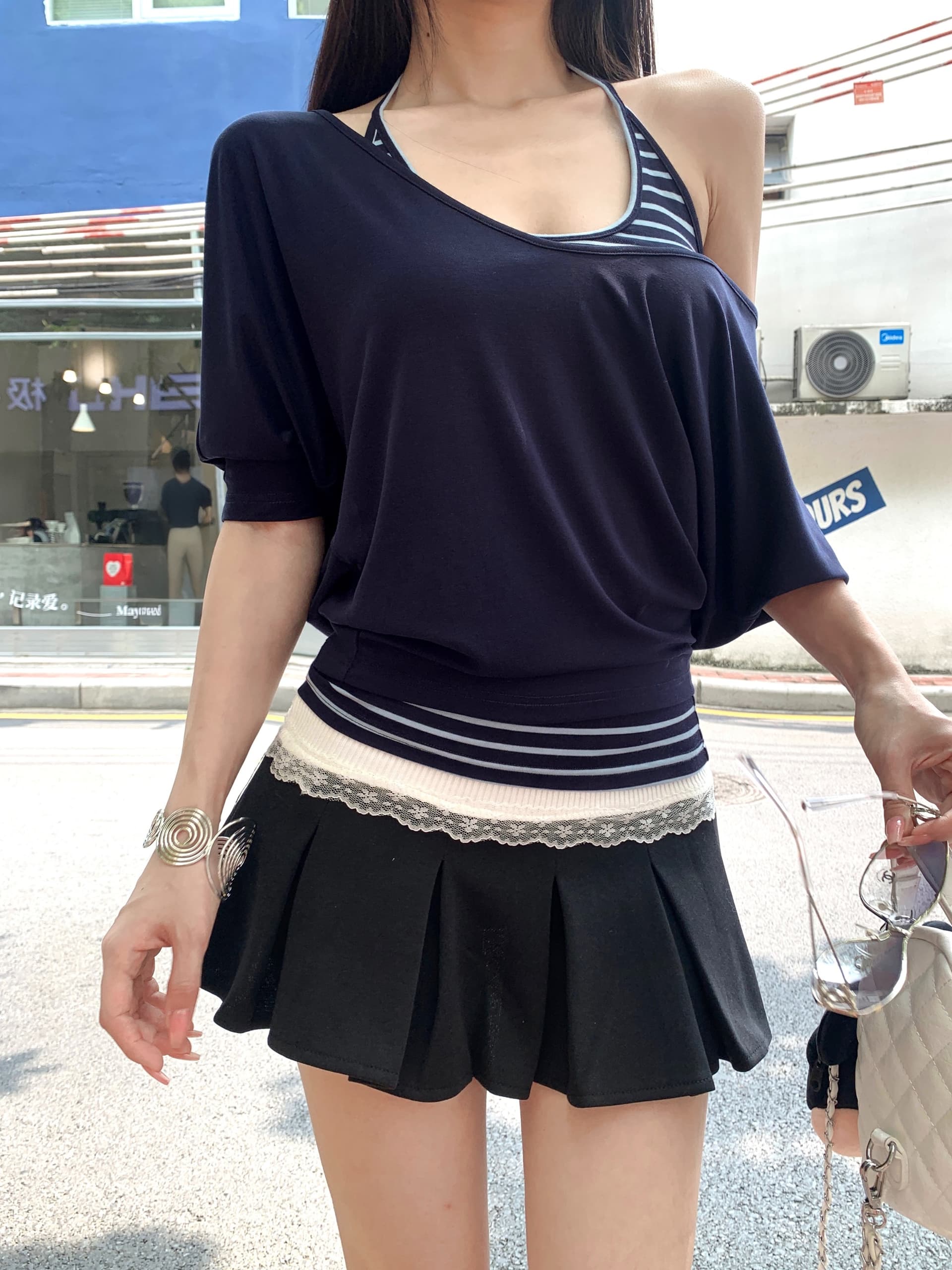 실사 정가 해군 루즈핏 V넥 블라우스 u 칼라 몸매 가꾸기 슬립 사실 두 조각 레이스 조각 반신 스커트 상세 이미지 11