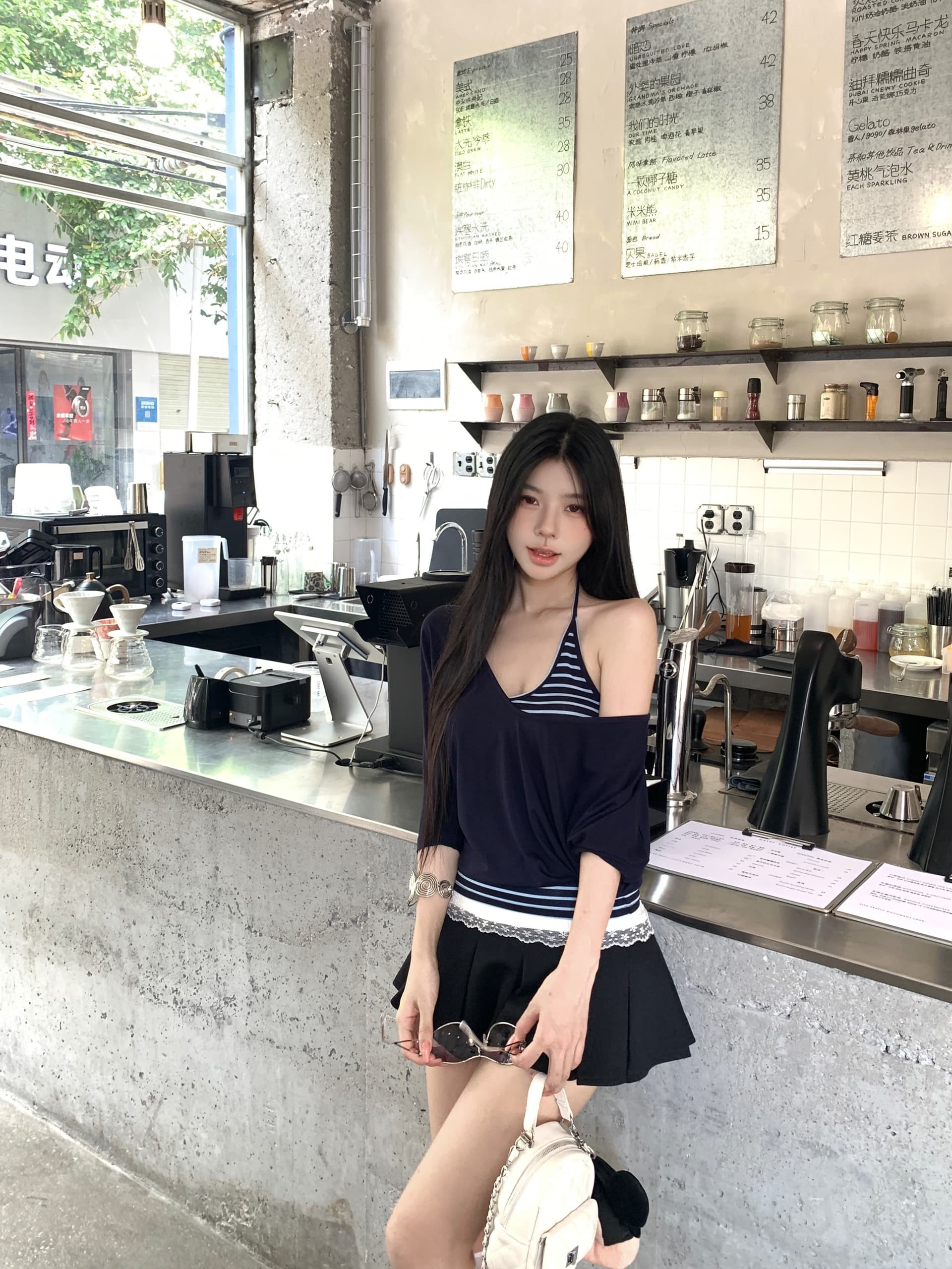실사 정가 해군 루즈핏 V넥 블라우스 u 칼라 몸매 가꾸기 슬립 사실 두 조각 레이스 조각 반신 스커트