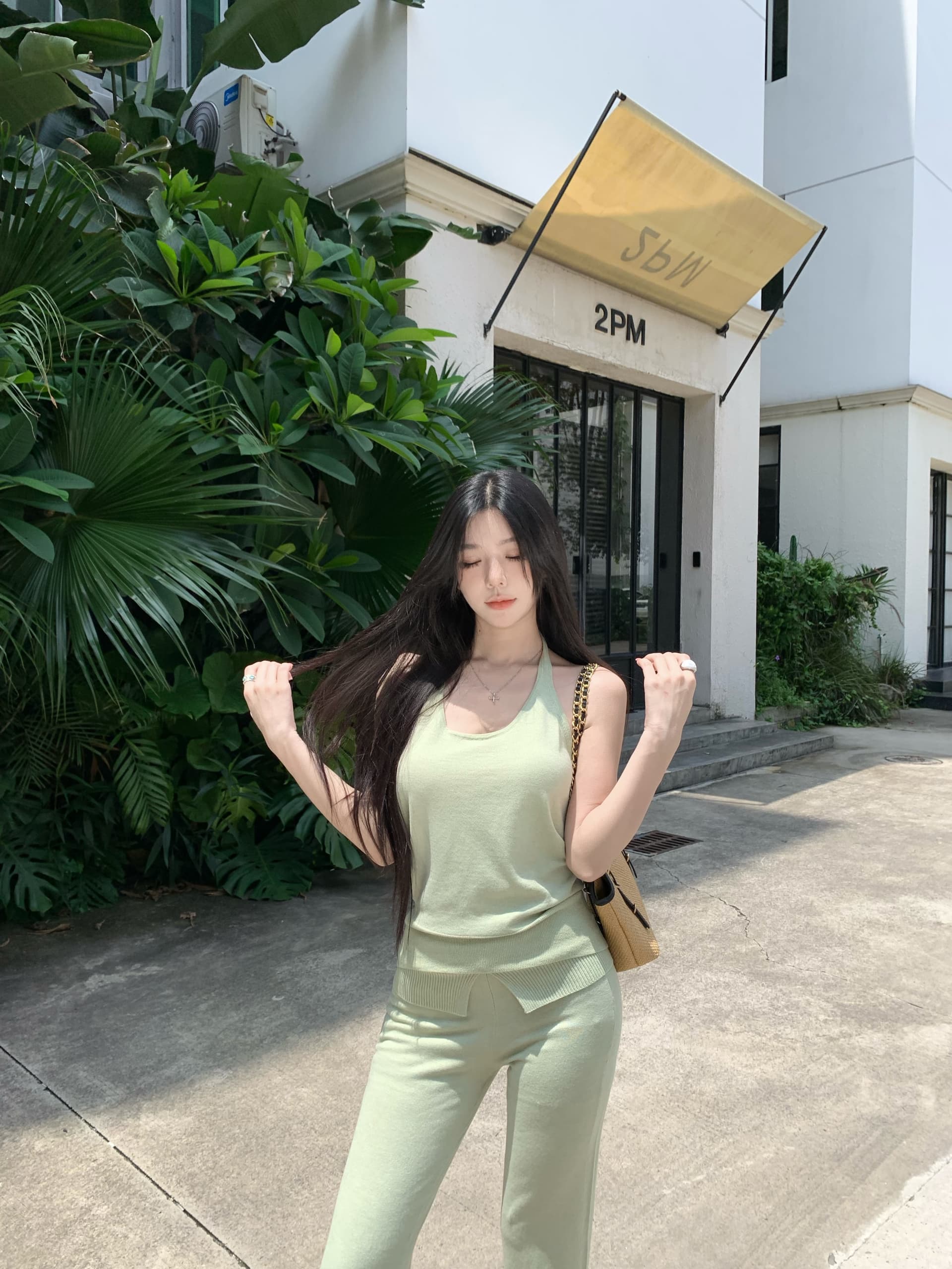 실사 정가 느긋한 u 칼라 민소매 니트 캐미솔 루즈핏 구덩이 기사 패치워크 허리 머리 스트레이트 긴 바지 세트 상세 이미지 7