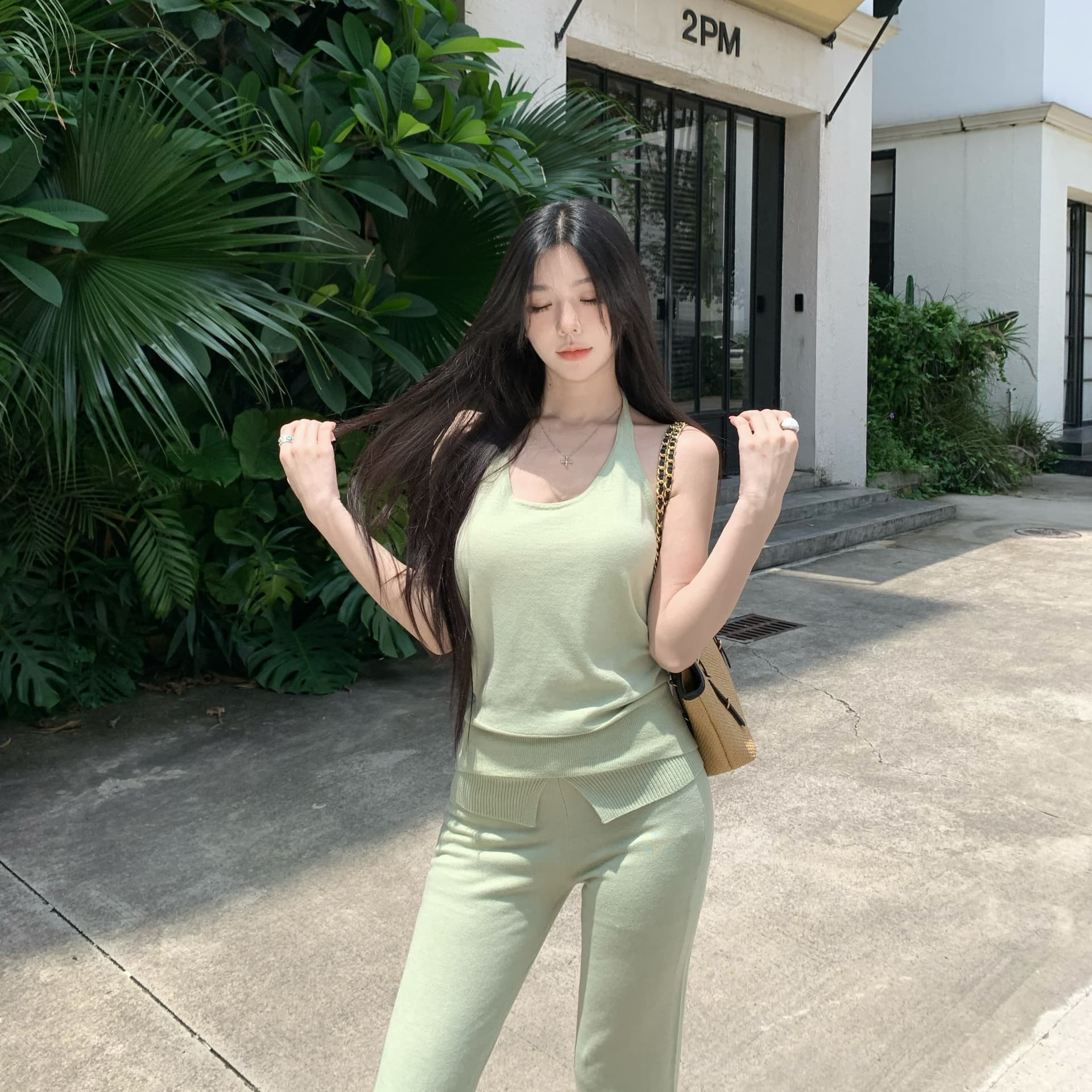 실사 정가 느긋한 u 칼라 민소매 니트 캐미솔 루즈핏 구덩이 기사 패치워크 허리 머리 스트레이트 긴 바지 세트 이미지 5