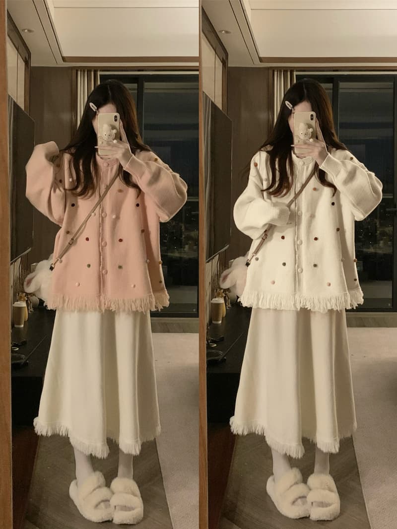 실사 빅 사이즈 가을 겨울 품격 루즈핏 술 스웨터 코트 슬림해 보이는 하이웨이스트 니트 반신 스커트 투피스 슈트 이미지 2