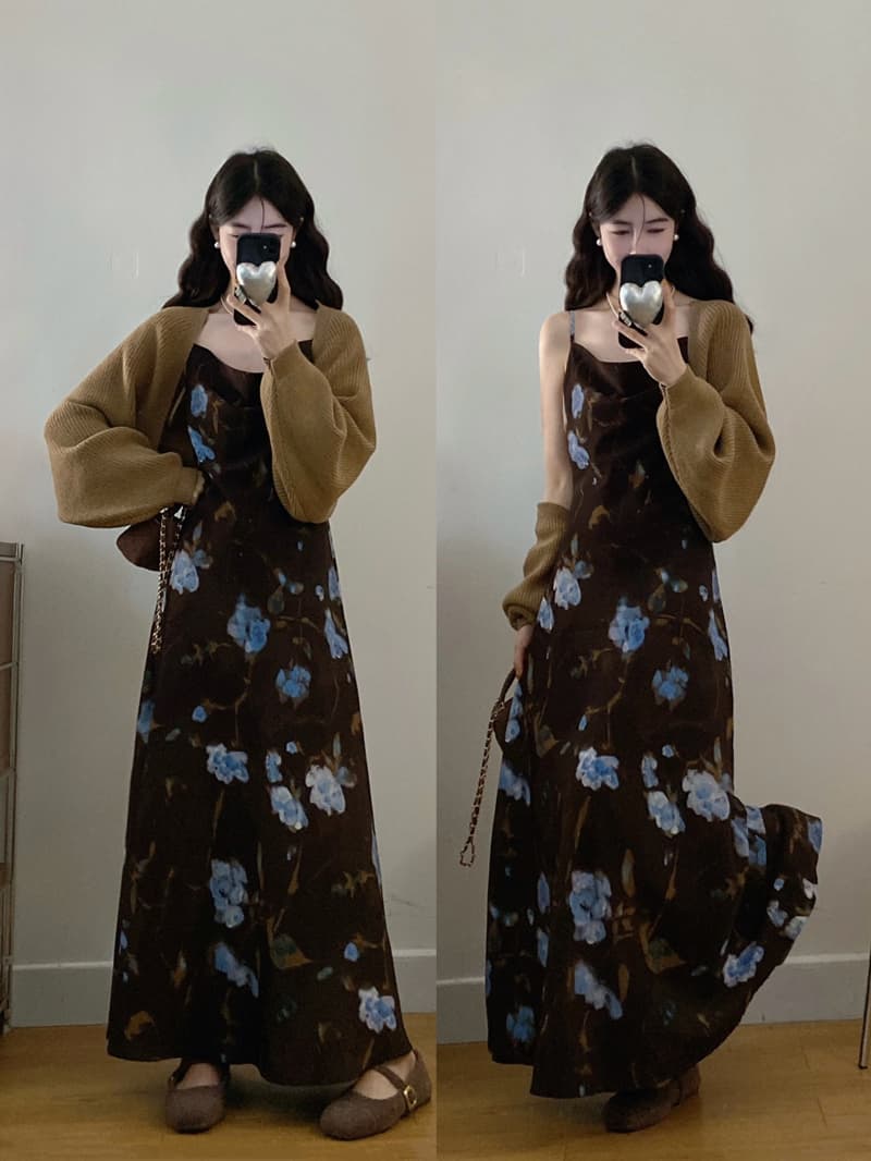 실사 빅 사이즈 여성 가을 프랑스식 낭만주의 우아함 레트로 유화 슬립 롱 스커트 부드러운 찹쌀 스웨터 숄 맨위 세트 상세 이미지 1