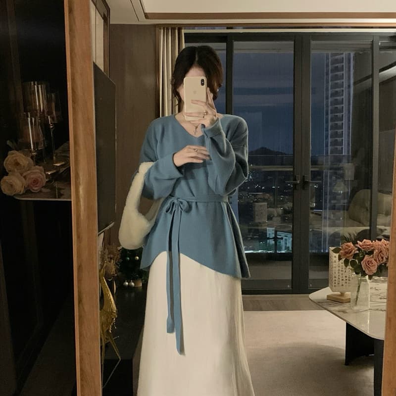 실사 빅 사이즈 가을 겨울 항구 바람 품격 느긋한 디자인 센스 스웨터 코트 미니멀리즘 니트 반신 스커트 투피스 세트 이미지 6