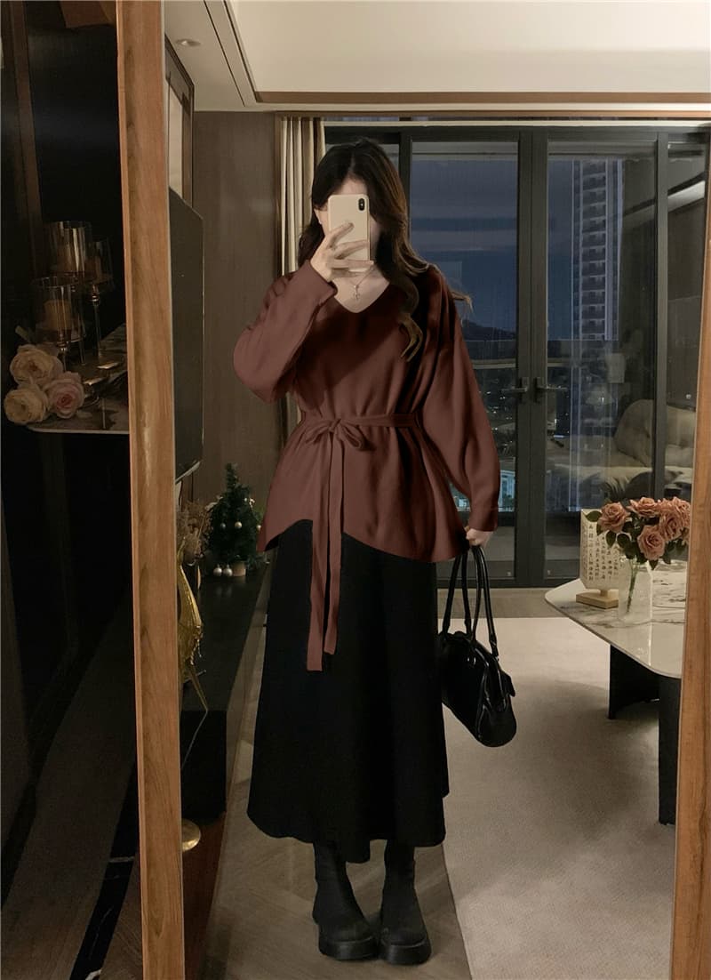 실사 빅 사이즈 가을 겨울 항구 바람 품격 느긋한 디자인 센스 스웨터 코트 미니멀리즘 니트 반신 스커트 투피스 세트 상세 이미지 19