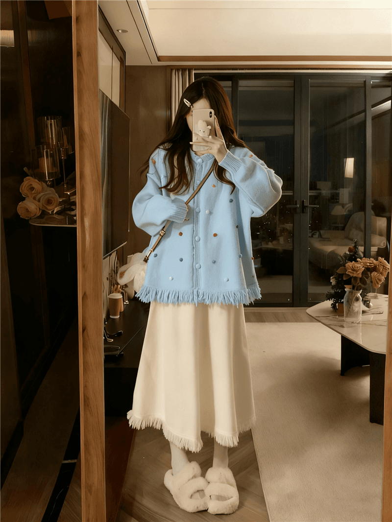 실사 빅 사이즈 가을 겨울 품격 루즈핏 술 스웨터 코트 슬림해 보이는 하이웨이스트 니트 반신 스커트 투피스 슈트 상세 이미지 10