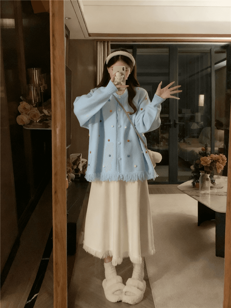 실사 빅 사이즈 가을 겨울 품격 루즈핏 술 스웨터 코트 슬림해 보이는 하이웨이스트 니트 반신 스커트 투피스 슈트 상세 이미지 12