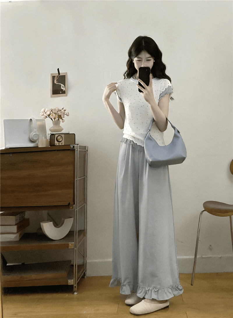 실사 빅 사이즈 여성 여름 부드러운 연령 감소 다용도 페이크 레이어드 니트 맨위 목이버섯 레이스 와이드 레그 팬츠 투피스 세트 상세 이미지 8