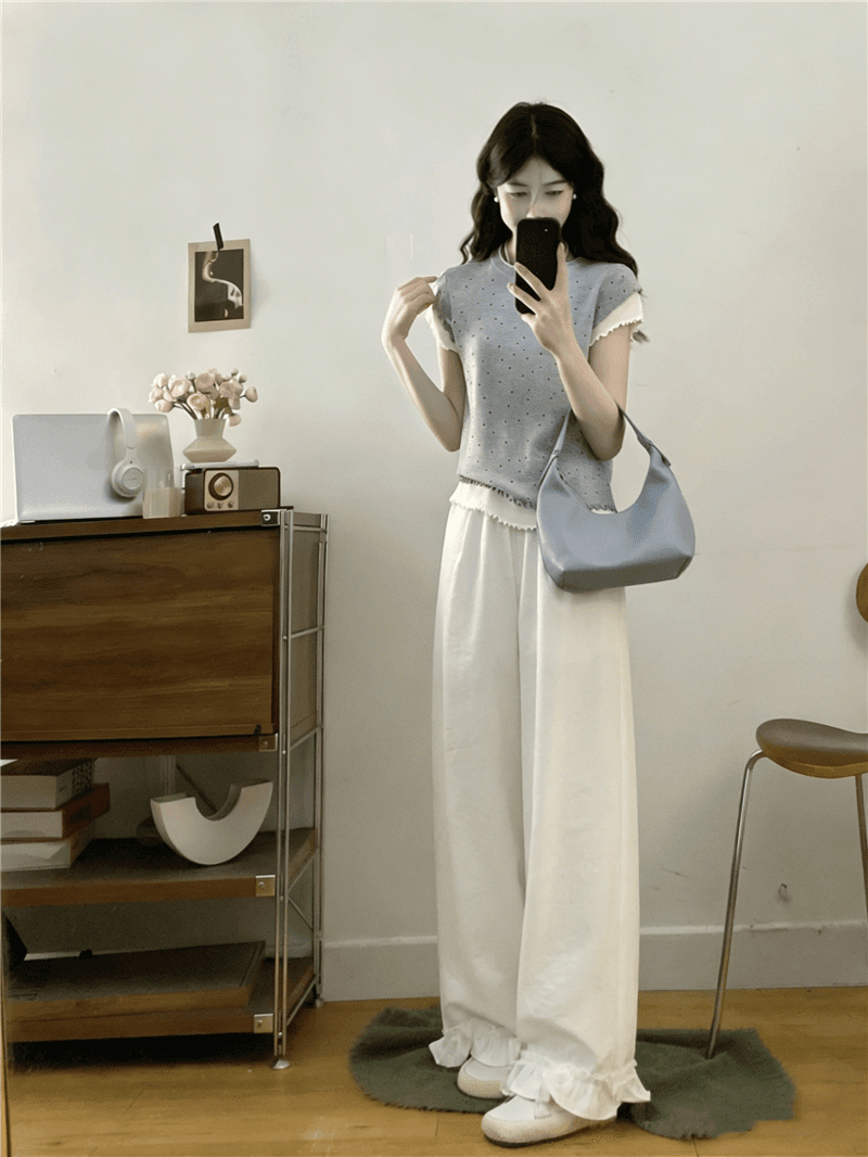 실사 빅 사이즈 여성 여름 부드러운 연령 감소 다용도 페이크 레이어드 니트 맨위 목이버섯 레이스 와이드 레그 팬츠 투피스 세트 상세 이미지 12